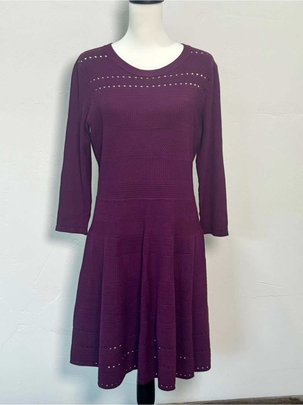 Eliza J Deep Plum 3/4 Sleeve Sweater Fit & Flare Cutout Dress Womens Size XL